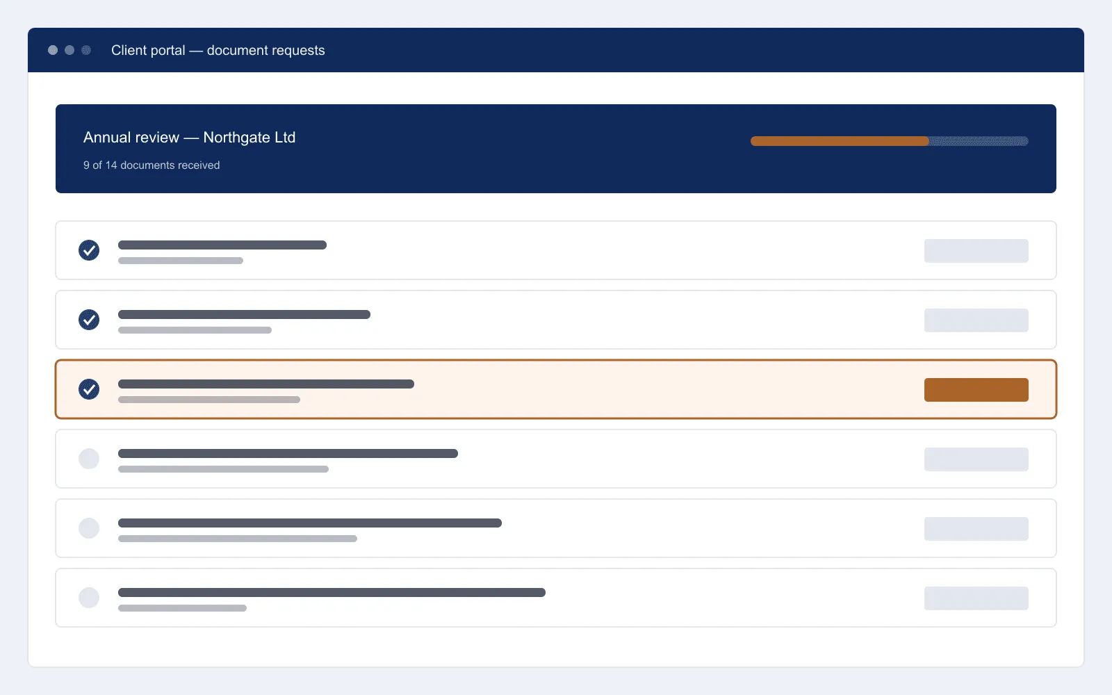 The client portal document checklist showing nine of fourteen documents received